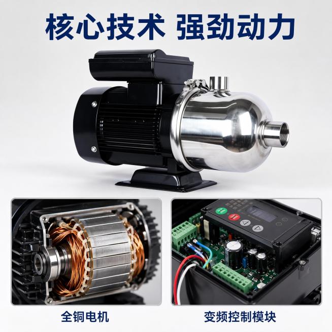 [主图-2核心亮点] 南方泵业增压水泵核心卖点技术展示
[氛围风格] 高信息密度技术风，清晰展示核心结构
[画质] 商业摄影质感，细节清晰锐利，结构层次分明
[元素] 完整水泵产品主体占上部60%画面预览效果