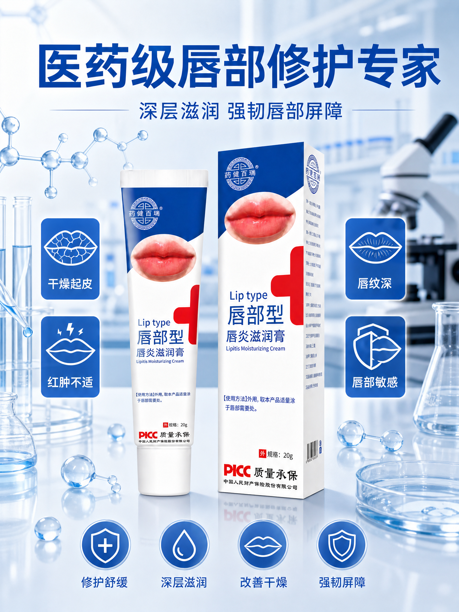 药健百瑞唇部型唇炎滋润膏 医药专业实验室风格详情首屏。 [商品… - 图片创意预览