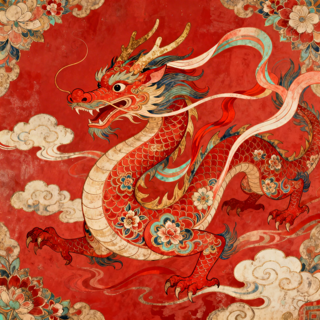 辰龙主题插画，融合中国传统风格与敦煌壁画艺术特色，红色主色调，龙的形象融入敦煌飞天元素、祥云纹样、传统花卉图案，线条细腻流畅，色彩饱满浓郁，具有敦煌壁画特有的厚重质感和华丽装饰性预览效果