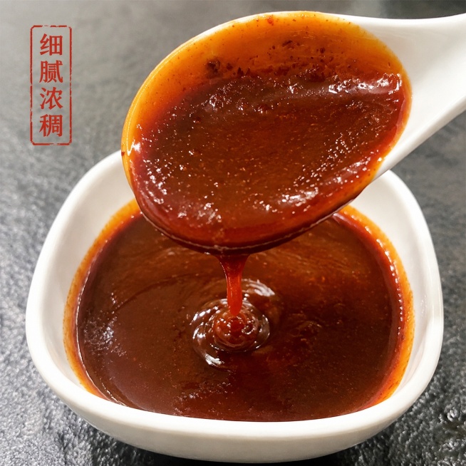[主图-3] 原味酱料细节特写，突出酱料浓稠质感。氛围风格：微距食欲感，真实诱人。画质：商业摄影质感，光线柔和通透，产品清晰真实，画面干净高级。元素：勺子舀起原味辣酱展示挂壁拉丝状态，放置在白色方碗上预览效果