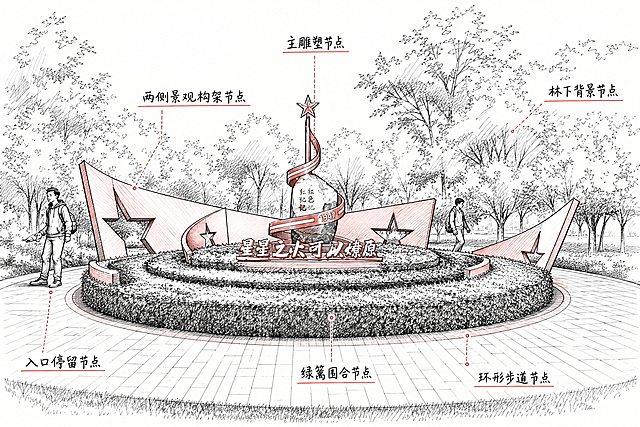 对图片中的红色主题景观雕塑公园进行节点空间草图绘制，保留场地原有结构，手绘线稿风格，标注节点位置