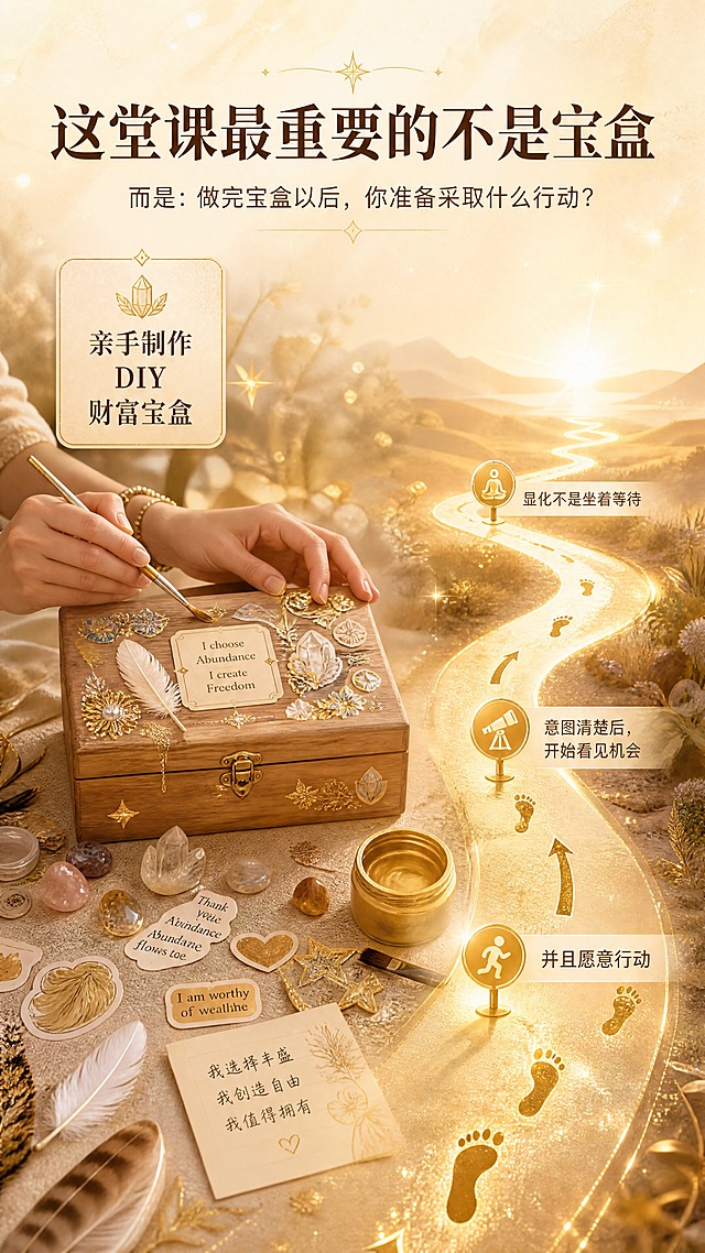 [商品] 非实物课程服务，课程名称为「我的财富宝盒 · 丰盛显化工作坊」；保留DIY财富宝盒与行动落地的核心主张。
[画面] 第5张 DIY财富宝盒与行动落地。目标：展示课程的仪式感交付物（亲手制作的财富宝盒），并强调「行动才是显化关键」。画面左侧：一双手正在装饰一个木质宝盒，桌上散落着水晶、贴纸、羽毛、小纸条、金色颜料等DIY材料；画面右侧：一条从宝盒延伸出去的金色小路，路上有脚印、箭头、小里程碑，通向远方的光，象征「从意图到行动」。构图：左场景右路径的横向叙事，左侧DIY场景占55%，右侧行动路径占45%。前景桌面材料，中景手与宝盒，远景路径延伸至发光的地平线。
[视觉] 套系策略：风格=灵性治愈系商业插画+轻3D质感；标题字=优雅衬线粗体（中文）+ 纤细英文衬线；正文字=简洁无衬线体；主色=暖金+米白+浅棕大地色；背景延展=基于米白与暖金做深浅层级、同色渐变、细腻纸张/沙砾质感、柔光雾效；强调色=琥珀金，仅用于小面积图标、引线、标签和高光光效；标题色=深棕褐；正文色=暖灰棕；组件=圆角浅金信息卡、细线引线、星芒点缀；光影=左上暖柔光，整体通透柔和，宝盒与路径发光。
[文字] 顶部主标题「这堂课最重要的不是宝盒」，副标题「而是：做完宝盒以后，你准备采取什么行动？」；左侧信息卡：「亲手制作 DIY 财富宝盒」；右侧路径旁配短句：「显化不是坐着等待」「意图清楚后，开始看见机会」「并且愿意行动」。文字全部横排，不遮挡手部与宝盒主体。
[规格] 图片比例9:16竖版，4K分辨率，负向提示：避免冷蓝/冷灰主色、文字竖排、蚂蚁字、极限词、虚假承诺、二维码、平台Logo、手部畸形。