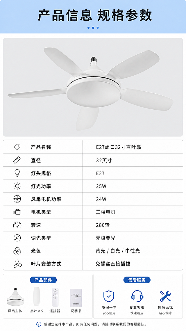 「图片1」，生成详情页1.32英寸直径810MM。2.有E27灯头款，选择方便家庭安装。3.灯光25瓦，风扇电机24瓦，三相电机280转。4.无极变光，黄光、白光、中性光。5.叶片按照简单不用上螺丝直接插拨。6.超大风静音明亮，商品名称为E27螺口32寸直叶扇，适配拼多多平台，单图比例为9:16，需求屏数为8张。