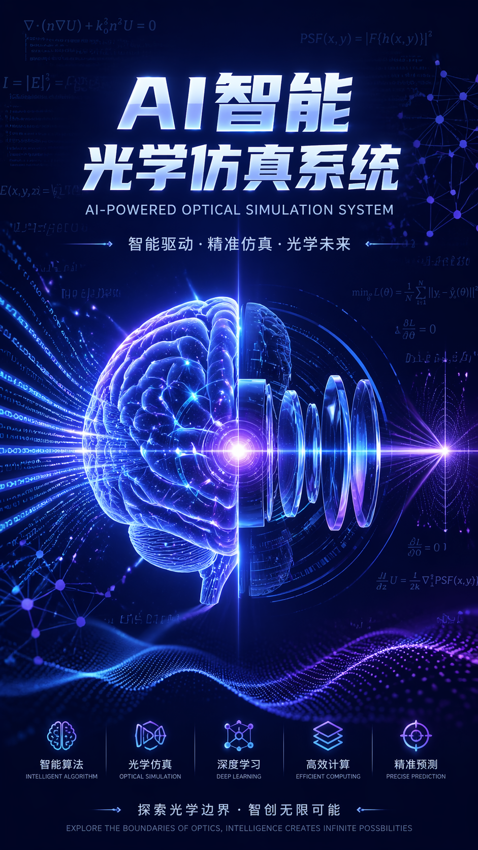 突出AI智能的光学仿真系统封面，深蓝紫色背景，中心是大脑与光学… - 图片创意预览