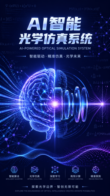 突出AI智能的光学仿真系统封面，深蓝紫色背景，中心是大脑与光学元件的创意结合，周围有数据流和神经网络图案，背景中有算法公式的隐约显现，整体体现人工智能与光学仿真的融合，科技感，封面设计预览效果