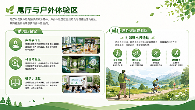 PPT内容页，标题：尾厅与户外体验区，内容：尾厅包含实验手作区、科普体验区、研学小课堂，户外健康体验区为郊野出行运动，绿色健康科普风格，排版清晰，文字完整