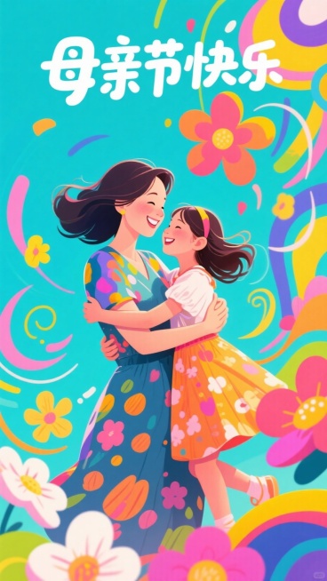 孟菲斯风，文字“母亲节快乐”，一个妈妈微笑和女儿拥抱，旋转的抽象花朵，漂浮动感的花瓣预览效果