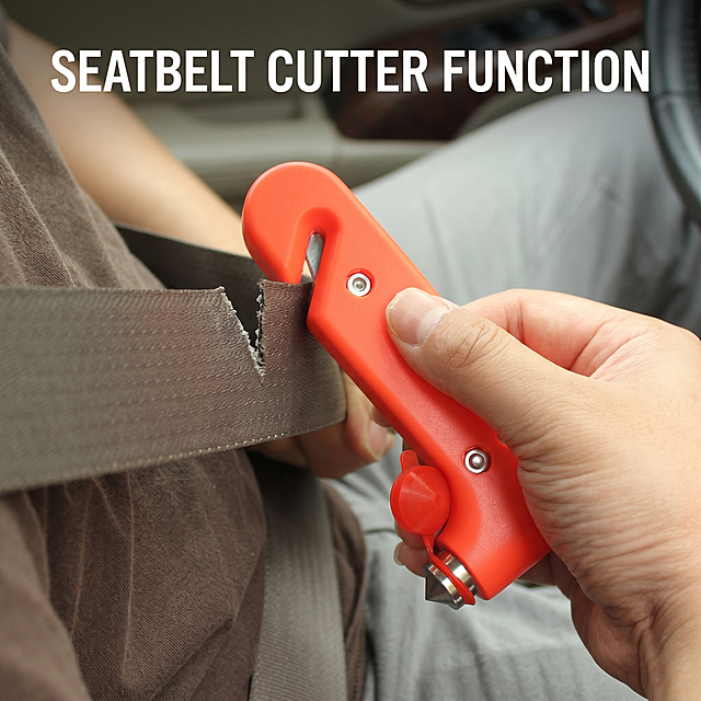 Demonstration of red emergency escape hammer cutting seat belt, hand holding tool cutting through brown seatbelt, realistic usage photo, American car safety theme, English text: SEATBELT CUTTER FUNCTION, same clean font style, commercial product photography for Shein, 1:1 ratio, bright clear lighting, highlight product utility