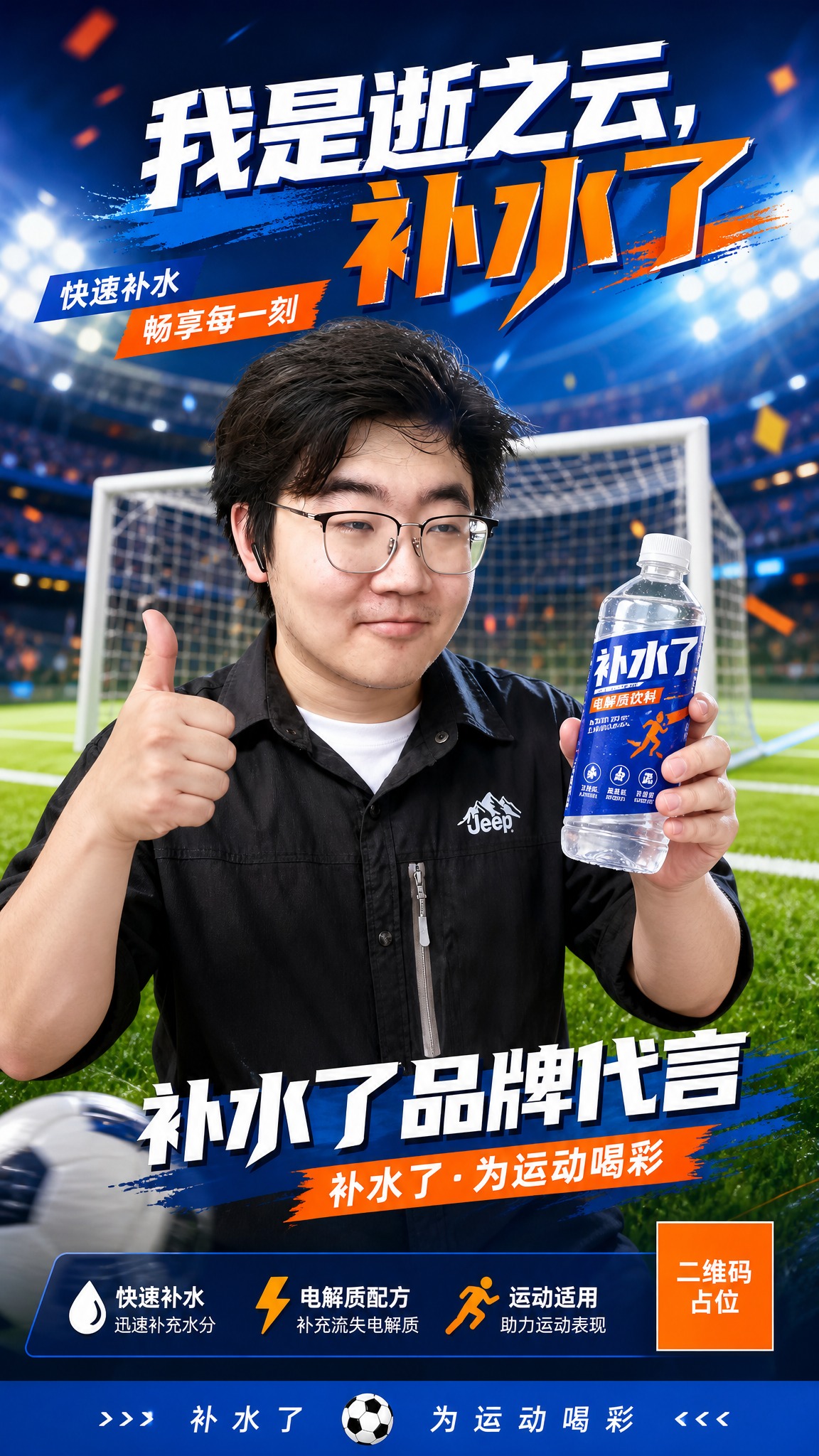 品牌代言广告海报，写实商业摄影风格。画面中央是参考图中的戴眼镜… - 图片创意预览