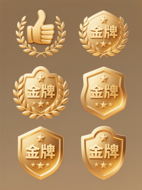 一系列6个造型各异但保持核心元素统一的金色徽章设计，每个徽章均以“金牌”二字为中心，上方配有立体大拇指元素，周围环绕橄榄枝装饰和五颗五角星，整体采用相同的3D金属质感，金色渐变色调，高光与阴影处理细腻预览效果