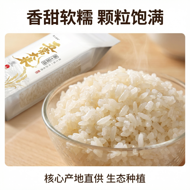 [主图 3]
[主图主题] 米粒品质细节特写
[氛围/风格] 自然治愈，放大食欲感，真实质感
[画面元素] 玻璃碗中盛放着煮熟的稻花香米饭，米粒颗颗分明晶莹饱满，表面泛着自然油光，袋装大米斜放在背景处预览效果