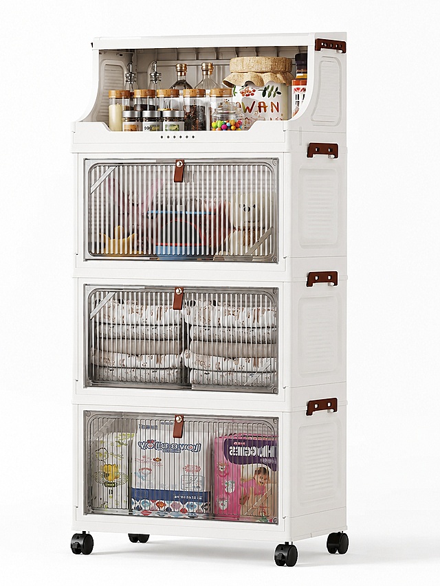 [主图-1] 折叠多层收纳柜产品首图，纯白色背景，产品居中展示。[氛围风格] 简约干净跨境电商风格，客观中立。[画质] 商业摄影质感，光线柔和通透，产品清晰真实，画面干净高级。[元素] 白色折叠三层收纳柜居中放置，产品占画面85%以上，柜内装满分类收纳物品展示实际使用效果，顶部放置厨房调味罐还原使用场景。保持收纳柜外观、物理结构、材质质感、颜色与输入产品图绝对一致，杜绝任何变形和色差，精细化处理。[光影] 正面均匀柔光，轮廓清晰，材质表现干净通透，无多余阴影。[配色] 纯白色背景，主体白色搭配棕色皮质扣，色彩清爽简约。[视角构图] 平视视角，产品完整居中，轮廓不裁切。[文字版式] 仅保留产品本体原有文字，不添加额外营销文字。[输出要求] 3:4比例，文字清晰可辨，超高清商业摄影质感。[负向提示词] 变形，文字错乱，产品图模糊，背景杂乱，水印，电商平台Logo，多余营销文字，中文内容，装饰性边框，无关道具。