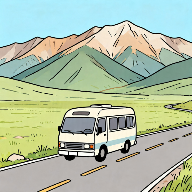 一辆行驶在路上的旅行车，卡通风格简笔画，背景是西北高原山脉，整体简约卡通线条画风格预览效果