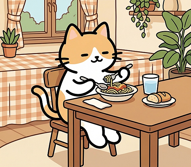 图中的猫咪像人一样坐在椅子上悠闲的吃饭