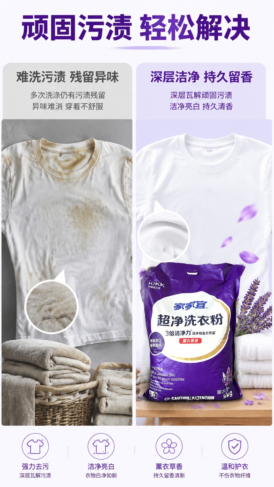 [第2屏] 洗衣痛点对比，展示传统洗衣粉和家家宜超净洗衣粉的洁… - 图片创意预览