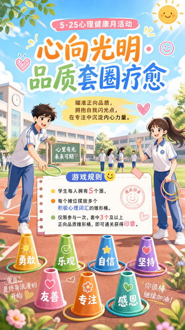 5·25心理健康月活动海报，面向初一学生，色彩明亮活泼。大标题写“心向光明·品质套圈疗愈”，下方配有活动介绍：“瞄准正向品质，拥抱自我闪光点，在专注中沉淀内心力量。”再下面写详细游戏规则：“学生每人拥预览效果
