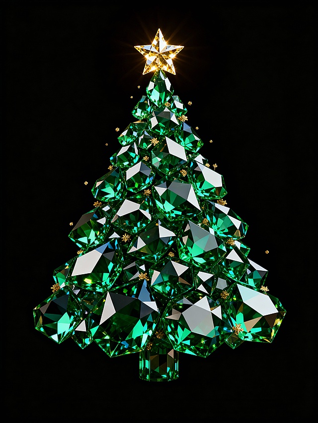 3D几何风圣诞树，玻璃质感绿宝石堆叠，金属金星点缀，梦幻奢华，虚拟自然美学，节日氛围浓厚。