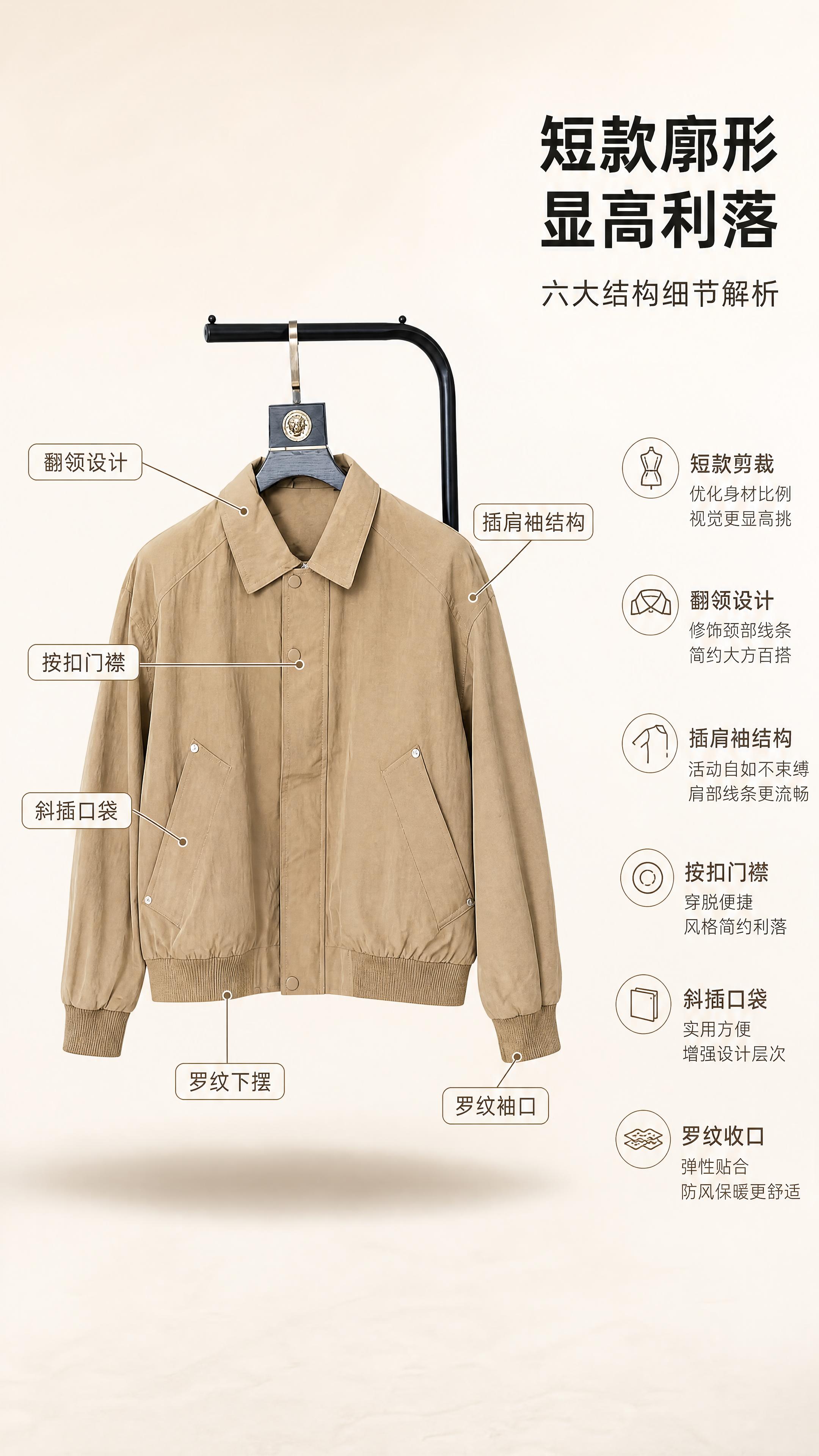 [第3张] 版型解析页-卡其色翻领短款夹克结构详解。本张使用【… - 图片创意预览