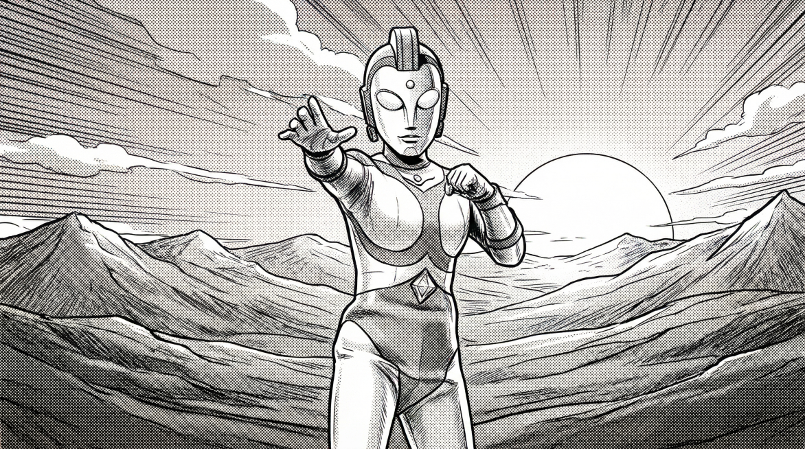 将这张奥特曼图片转换为16:9黑白漫画风格，背景改为远山落日景观，保持人物主体造型不变，转换出漫画线条和黑白网点质感预览效果