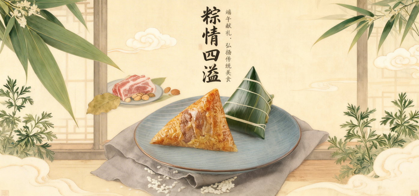 以端午粽子为主题的宣传海报，融合用户提供的粽子素材图，背景为中式古典国风场景，加入粽叶、木桌、艾草、祥云等传统元素，主文案是“粽情四溢”，采用中国传统竖排书法字体排版，副标题为“端午献礼，弘扬传统美食预览效果