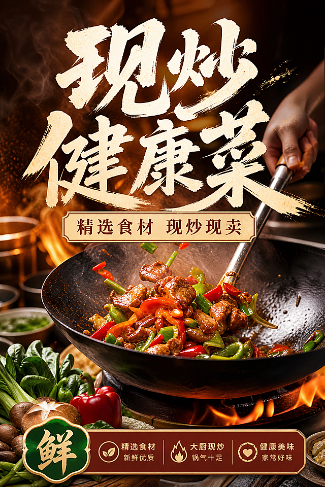 外卖商家装修图，风格类似参考图，大字文案设计，主题为外卖餐饮现炒菜，包含文案"现炒健康菜"、"精选食材 现炒现卖"，整体风格简洁大气写实，暖色调配色