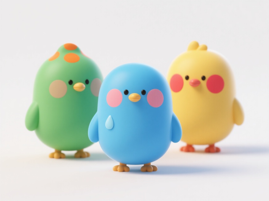 三个可爱的卡通小鸟角色，分别是蓝色身体带水滴状腮红、绿色身体头顶橙色斑点、黄色身体脸颊红色圆形腮红，3D立体效果，圆润造型，柔和光影，白色背景预览效果