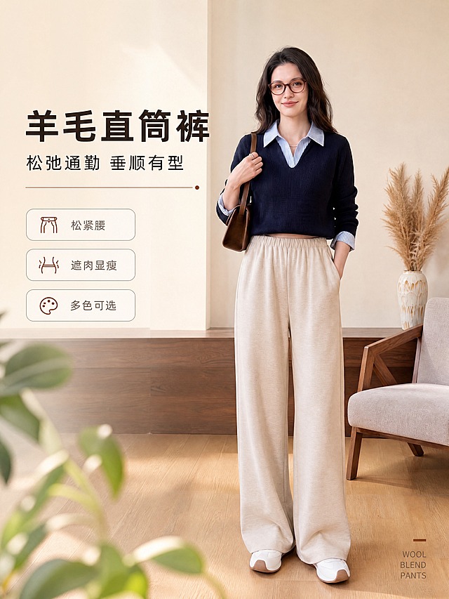 [商品] 使用【图8】奶茶色羊毛混纺直筒裤女模特图；商品处理：保留松紧高腰、直筒阔腿版型、侧口袋、奶茶色面料颜色和垂坠质感；自然去除衣身杂乱褶皱，理顺裤腿垂坠感，增强面料织纹、腰头松紧纹理和口袋缝线质感，不改变版型、颜色和结构。模特为图8中的戴眼镜深色长发女性，保持其面部特征和身材比例不变。
[画面] 目标：首张风格头图海报，营造松弛通勤氛围感，突出羊毛直筒裤多色百搭属性。构图：左文右图，左侧上半部分留白放标题文案，右侧为模特全身穿搭主视觉，模特占画面约60%。背景：暖米色简约室内场景，木地板、浅色墙面、干花装饰、浅灰布艺椅子，柔和自然光从左侧照入。前景有轻微虚化的植物叶片增加层次。阅读动线：从左上标题到右侧模特全身，视线落于裤型。
[视觉] 套系策略：风格=简约高级通勤商业摄影；标题字=现代无衬线粗体，带轻微字距；正文字=简洁无衬线体；主色=奶茶米杏；背景延展=基于奶茶米杏做深浅层级、同色渐变和细腻纸张/织物质感；强调色=焦糖棕，仅用于小面积图标、引线和标签；标题色=深炭棕；正文色=中暖灰；组件=圆角浅底信息卡、细线引线、小英文装饰；光影=左前侧暖柔光，柔和阴影。
[文字] 左上区域主标题"羊毛直筒裤"，副标题"松弛通勤 垂顺有型"，下方3个小标签"松紧腰""遮肉显瘦""多色可选"，右下角小号英文装饰"WOOL BLEND PANTS"；文字均为横排，不遮挡模特主体和裤装关键部位。
[规格] 图片比例3:4竖版，4K，medium质量，避免变形、错字、文字过小、裤型失真、颜色偏差、模特面部变形。