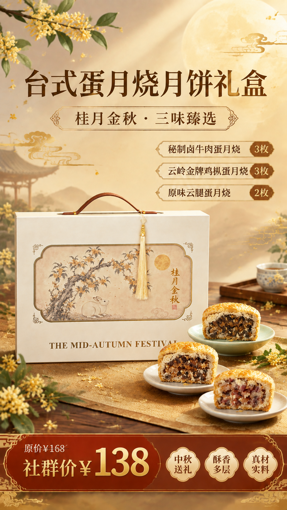 新中式国风中秋月饼礼盒促销海报，竖版9:16。画面主体为【图1… - 图片创意预览