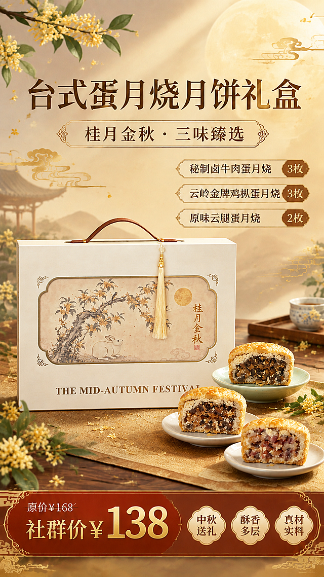 新中式国风中秋月饼礼盒促销海报，竖版9:16。画面主体为【图1】台式蛋月烧月饼礼盒，礼盒100%还原上传图的外形、包装、桂月金秋工笔画图案、米色流苏挂饰、棕色皮质提手、正面"桂月金秋"金色字样与"THE MID-AUTUMN FESTIVAL"英文，礼盒比例绝对不变形、结构完整，正面朝向清晰，礼盒位于画面中下部偏左，占画面约45%。礼盒右下方展示三款月饼切面，从上到下依次排列：最上方小碟中是【图2】秘制卤牛肉蛋月烧切面（深褐色带肉丝和白芝麻的牛肉馅，严格按照图2内馅外观生成，内馅不改），中间小碟中是【图3】云岭金牌鸡枞蛋月烧切面（浅褐色带菌菇颗粒和红色丁状的鸡枞馅，严格按照图3内馅外观生成，内馅不改），最下方小碟中是【图4】原味云腿蛋月烧切面（浅粉色火腿颗粒明显的云腿馅，严格按照图4内馅外观生成，内馅不改）。三款月饼切面均保持原图的酥皮层次、内馅颜色、颗粒质感和断面形态，完全忠实于上传图，不改变馅料外观。每款月饼放在浅色小瓷碟上，错落摆放。背景为暖米色渐变，左上角有金色桂花枝，右上角有朦胧圆月与祥云，远处有淡金色中式亭台剪影，营造中秋雅致氛围，顶部有柔和暖光洒落。画面上半部分为文字区：主标题"台式蛋月烧月饼礼盒"大字深棕色，副标题"桂月金秋 · 三味臻选"金色装饰框内；右侧排列三款口味标签带数量："秘制卤牛肉蛋月烧 3枚"、"云岭金牌鸡枞蛋月烧 3枚"、"原味云腿蛋月烧 2枚"；画面底部红金色价格区："原价¥168"划线小字 + "社群价¥138"大字金色突出。底部三个圆形卖点标签："中秋送礼"、"酥香多层"、"真材实料"。整体版式精美，分区清晰，主次分明，新中式雅致风格，暖金棕色调，商业摄影质感。画面中所有数字必须精确渲染，不得错位、遗漏或编造。画面中所有信息区域必须填充完整合理的内容，不得出现空白框。
