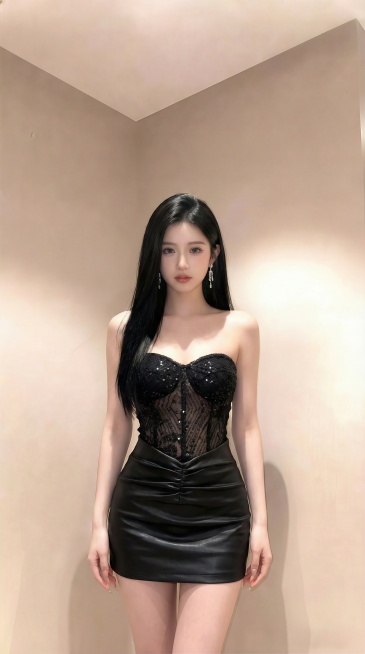 将图一图二的黑色亮片蕾丝抹胸+皮质短裙穿搭换到图三人物身上，仅换穿搭，调整为模特身材，腰细身材比例佳，呈现半身画面，不要包包，双手自然下垂，佩戴精致耳饰，场景灯光自然柔和以凸显人物与穿搭，效果真实自然预览效果