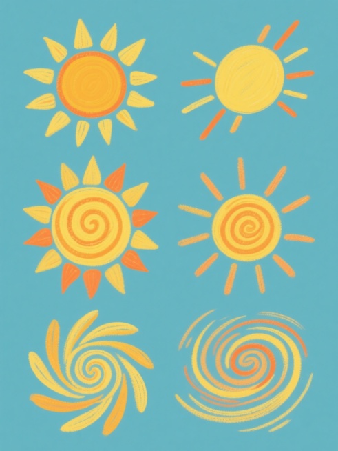 一套6个以手绘风格呈现的太阳图案系列素材，每个太阳均保持螺旋状中心和放射状光芒的核心元素，采用统一的黄色和橙色渐变配色方案，纯色背景，所有太阳图案规整排布。第一个太阳为正面视角，光芒均匀分布；第二个太阳略微倾斜，右侧光芒稍长；第三个太阳呈现俯视角度，螺旋中心更紧密；第四个太阳为仰视角度，光芒向外延展更开阔；第五个太阳为侧面视角，螺旋呈现半立体效果；第六个太阳为动态旋转视角，螺旋线条带有速度感，……预览效果