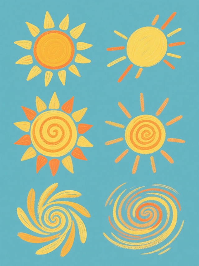 一套6个以手绘风格呈现的太阳图案系列素材，每个太阳均保持螺旋状中心和放射状光芒的核心元素，采用统一的黄色和橙色渐变配色方案，纯色背景，所有太阳图案规整排布。第一个太阳为正面视角，光芒均匀分布；第二个太阳略微倾斜，右侧光芒稍长；第三个太阳呈现俯视角度，螺旋中心更紧密；第四个太阳为仰视角度，光芒向外延展更开阔；第五个太阳为侧面视角，螺旋呈现半立体效果；第六个太阳为动态旋转视角，螺旋线条带有速度感，所有太阳均具有蜡笔笔触质感，边缘柔和模糊，整体风格保持一致的儿童画般天真烂漫感。