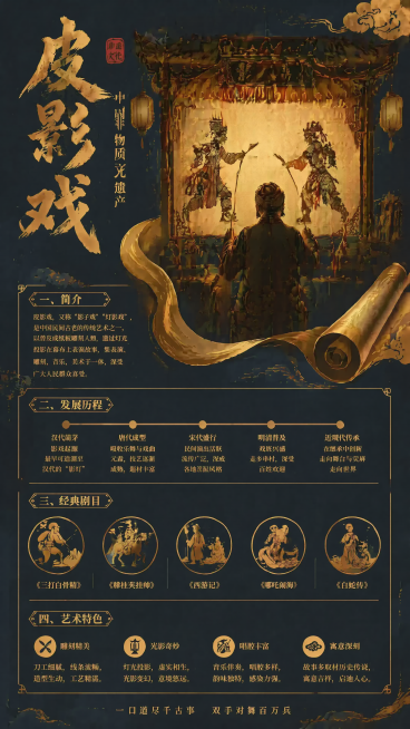 按照参考图片的藏青黑金国风、鎏金书法、宣纸肌理风格，生成竖版皮影戏非遗科普信息海报。保留参考图版式：左侧大字主标题，中心主体场景，下方分简介、发展历程、经典剧目、艺术特色四个信息板块。中心主体改为传统预览效果