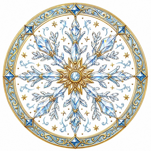 Christmas sticker, medieval illuminated manuscript style, a Christmas snowflake with golden center and crystal arms, elegant ornament, circular composition 800x800, crystal clear and gold and pale blue colors, medieval jewel snowflake style, isolated on clean white background, e-commerce sticker design, high detail