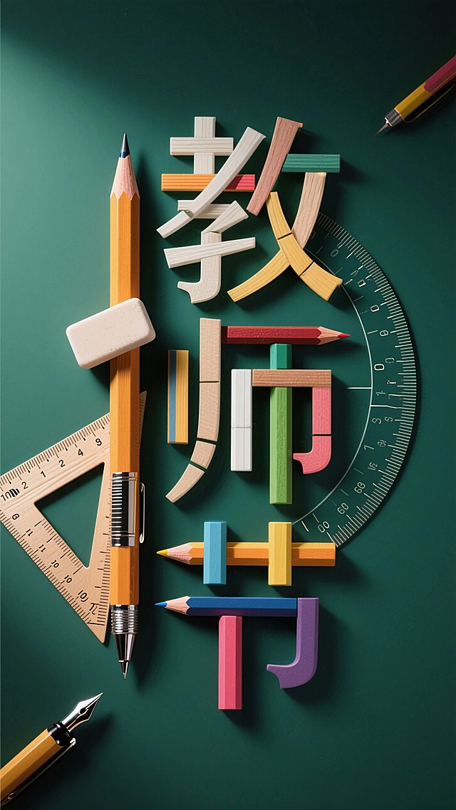 "教师节"文字，三个字的笔画由不同的文具拼接而成，放在一块简单的墨绿色背景上。