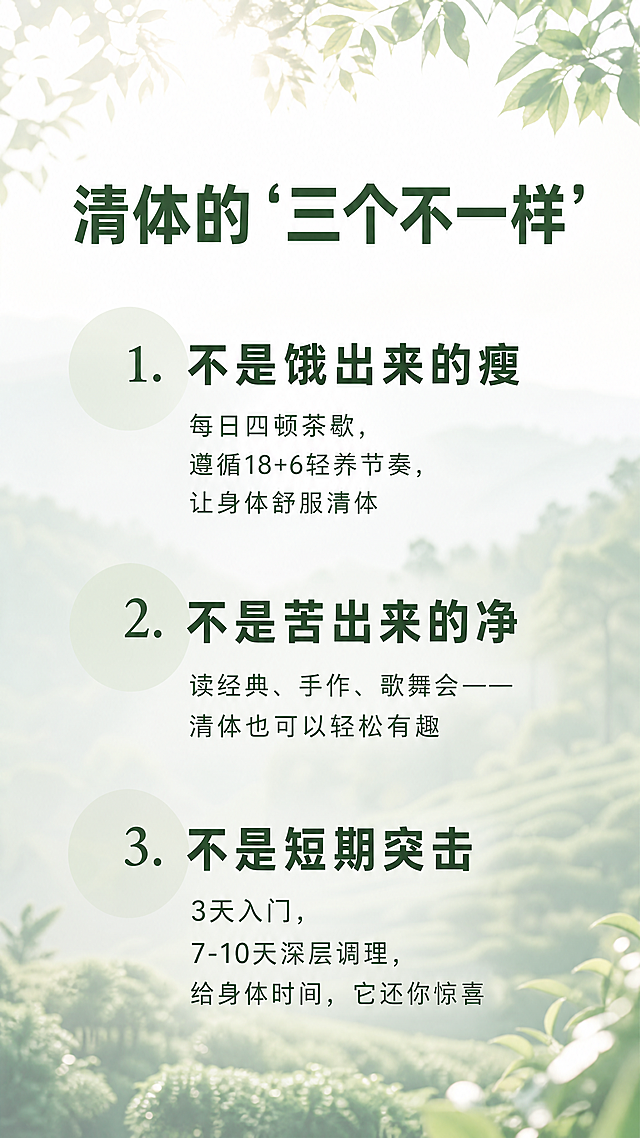 [第5屏] 本屏功能定义：清体的"三个不一样"，激发用户行动欲望。背景搭配浅景深山林茶园户外场景，晨光透过树叶，营造清新自然轻养氛围。
[氛围/风格] 极简层次风，沉静清新，清晰突出核心观点，柔和自然光影，留白充足，传递轻松清养的愉悦感。
[元素布局] 顶部标题"清体的"三个不一样""，下方垂直排列三大核心特点，每个观点用序号+大标题+短解释，每个观点之间留出呼吸感间距，从上到下依次排列，背景虚化不抢文字焦点。
简化内容为：
1. 不是饿出来的瘦
每日四顿茶歇，遵循18+6轻养节奏，让身体舒服清体
2. 不是苦出来的净
读经典、手作、歌舞会——清体也可以轻松有趣
3. 不是短期突击
3天入门，7-10天深层调理，给身体时间，它还你惊喜
每个观点左侧搭配淡淡的浅茶绿圆形作为装饰，半透明不遮挡文字。
[光影质感] 整体均匀柔和林间晨光，文字清晰明亮，背景朦胧柔和，虚实对比突出文字主题。
[配色色系] 全局背景：浅绿调茶园晨雾；大标题：#2D4D32（深茶绿）；解释文字：#4A6A4F（中茶绿）；装饰圆：#E2E9E4（浅茶绿半透明）。
[视角构图] 竖版全屏，观点从上到下居中排列，每个观点占比均匀，上下留白充足。
[文字版式] 顶部大标题加粗居中，每个观点序号+标题加粗，解释文字常规字重，字号清晰适配手机阅读，行间距宽松，层次分明，所有文字清晰可辨。
[比例分辨率] 9:16竖版比例，4K分辨率，文字清晰可辨，超高清。
[负向提示词] 变形，水印，文字错乱，排版拥挤，颜色偏差，背景杂乱，违规内容，敏感元素，字体模糊，实景清晰度过高抢焦点，夸大宣传，医疗术语，宗教内容，减肥承诺。