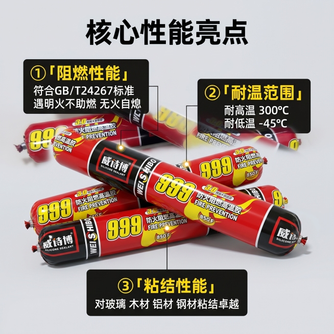 [主图 2] 核心参数亮点展示威诗博999防火阻燃高温密封胶。
[氛围风格] 硬核工业建材专业商务风，整体光影配色和首图保持统一；
[画质] 商业摄影质感，极致质感，产品清晰真实，画面干净高级。
[元预览效果