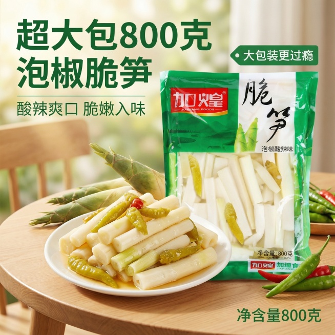 垫图为用户提供的加煌脆笋泡椒酸辣味商品图，生成大袋泡椒脆笋电商主图首图，产品包装需和原图保持一致，画面突出超大800克大包装，脆笋实体从包装袋中取出展示，呈现诱人的新鲜脆嫩质感，放在干净清爽的木质餐桌预览效果