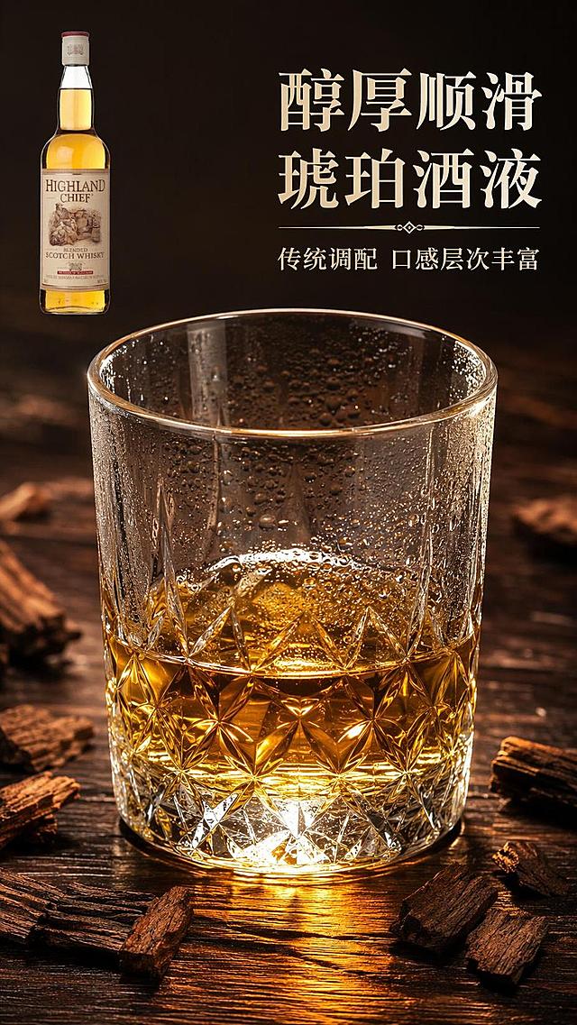 [第3屏] 详情页酒体质感屏-高原勇者苏格兰威士忌酒液特写。本屏使用【图1】作为产品参照。
[氛围/风格] 微距质感商业摄影，通透温润光影，突出酒液品质
[元素布局] 画面中心放置倒有威士忌的透明古典杯，占比约60%，酒液金黄透亮，杯壁带有自然冷凝水汽；左上角放置产品小图【图1】，背景用深色橡木纹理衬托，前景散落几颗烘烤过的橡木粒
[光影质感] 逆光从杯底打光，凸显酒液通透金黄质感，杯口高光清晰，整体明暗层次分明
[配色色系] 全局底色 #2D2620；主色琥珀酒液色；辅助色深棕橡木色，米白文字
[视角构图] 中心特写构图，平视视角，聚焦酒液质感
[文字版式] 主标题「醇厚顺滑 琥珀酒液」，副标题「传统调配 口感层次丰富」，字体风格与前两屏保持一致，文字排版在画面右上区域，不遮挡酒杯主体
[比例分辨率] 9:16 竖版比例，4K分辨率，文字清晰可辨，高清画质
[负向提示词] 酒液浑浊，杯子变形，色彩失真，文字错乱，水印