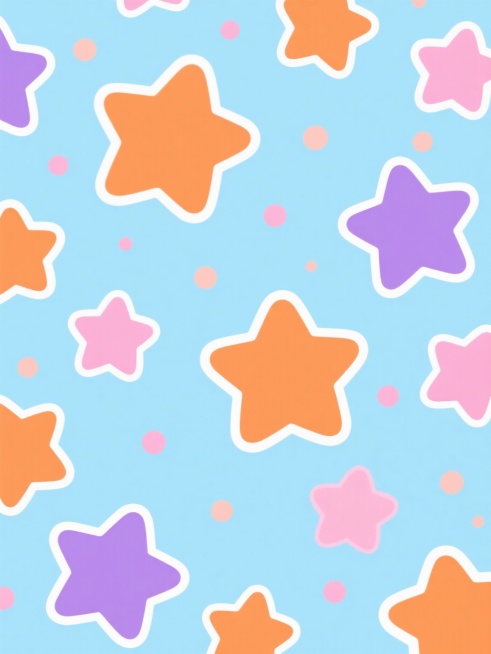 卡通风格背景，浅蓝色底色，点缀着橙色、粉色和紫色的五角星星图案，星星大小不一，分布错落有致，其间散布着同色系的细小圆点，整体呈现出柔和、欢快、童趣的氛围，视觉元素简洁明快，色彩搭配清新活泼。预览效果