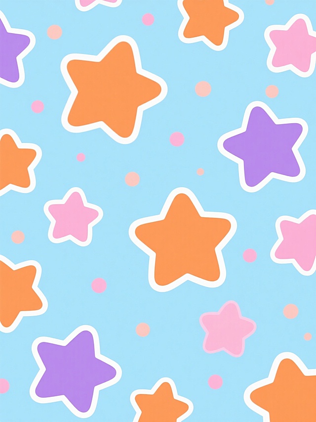 卡通风格背景，浅蓝色底色，点缀着橙色、粉色和紫色的五角星星图案，星星大小不一，分布错落有致，其间散布着同色系的细小圆点，整体呈现出柔和、欢快、童趣的氛围，视觉元素简洁明快，色彩搭配清新活泼。