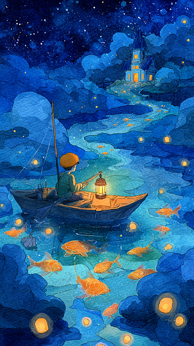 主题：萤火鱼与夜航船。在繁星点点的深蓝色夜空下，一片发着柔光的“云海”实际上是无数透明水母状的生物在漂浮。一个小孩乘坐着巨大的枫叶船，船头悬挂着灯笼，灯笼里游着一条散发温暖橙光的小鱼。前方，一群发光的荧光鱼排成蜿蜒的“光之路”，通向远处糖果色的小岛屋。风格：吉卜力工作室风格，手绘水彩质感，色彩柔和明亮，充满想象与童趣。画面氛围：梦幻、安心、冒险与归家感并存。
