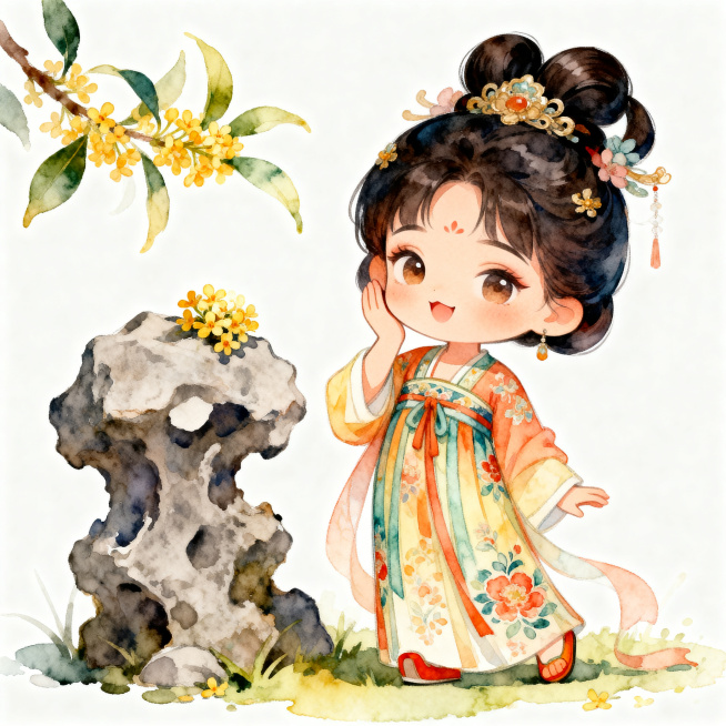 Q版卡通风格襦裙仕女图，人物形象可爱，发髻装饰精致，裙子花纹艳丽清晰，仕女做出手摸脸的俏皮动作，表情妩媚俏皮，脚旁有一块假山，假山上露出一簇桂花，采用水彩暖色系晕染风格，搭配纯白背景预览效果