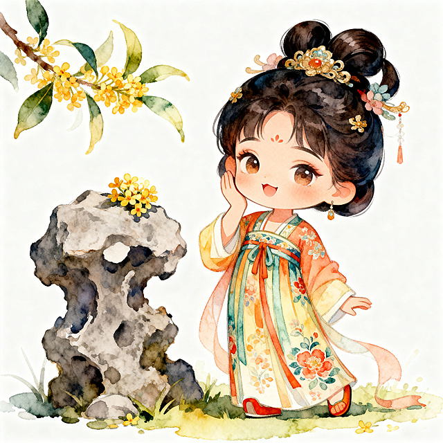 Q版卡通风格襦裙仕女图，人物形象可爱，发髻装饰精致，裙子花纹艳丽清晰，仕女做出手摸脸的俏皮动作，表情妩媚俏皮，脚旁有一块假山，假山上露出一簇桂花，采用水彩暖色系晕染风格，搭配纯白背景