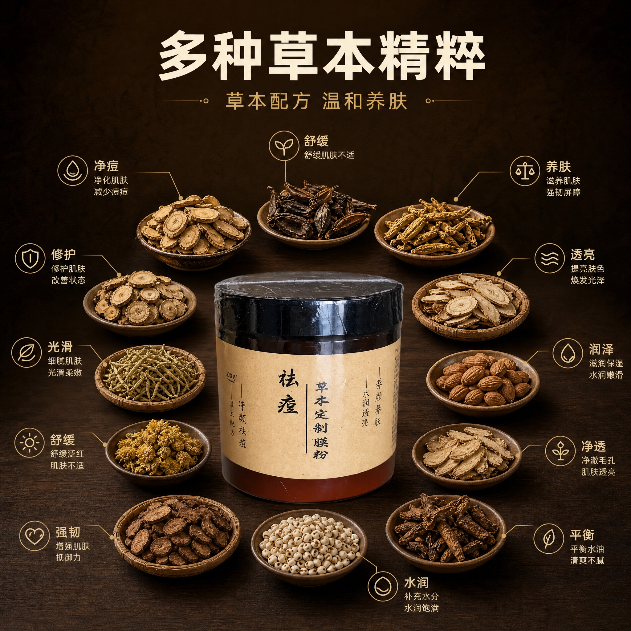 [主图-2] 核心成分解析，展示多种草本中药原料，强调草本配方… - 图片创意预览