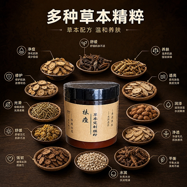 [主图-2] 核心成分解析，展示多种草本中药原料，强调草本配方的专业感和天然感。
[统一基调] 整体风格为高级草本中药静物摄影，背景主色为深棕褐色渐变，标题字色为米白色，辅助字色为浅金色，强调色为中药深褐色，字体为干净的非衬线体，字号层级分明，卡片和图标采用简约细线边框样式。
[画面] 产品罐位于画面底部中央，占比约30%，正面朝向观众，产品外观与输入图一致。画面上半部分和两侧环绕展示多种晒干后的草本中药原料，每种草本用小碟子或竹制小托盘盛放，包括黄芪片、连翘、黄连根、芍药片、忍冬花、杏仁、白芨片、甘草片、野菊花、苦参片、薏米等，所有草本颜色均为晒干后偏黑偏深褐的中药颜色，形态真实自然。草本原料与产品罐之间有细细的引线连接，引线上有极简的功效关键词标签，如"净痘"、"舒缓"、"养肤"、"透亮"等。背景为深棕褐色渐变，有轻微的中药纹理质感，整体氛围专业沉静。
[光影质感] 商业静物摄影质感，顶光柔和均匀，草本原料和产品罐都有清晰的细节表现，材质质感真实，底部有自然的接触阴影，整体光影温暖厚重，体现中药草本的专业品质。
[配色] 主色调为深棕褐色、米黄色、深褐色，草本原料呈现晒干后的深褐、深黄、深棕等中药色系，整体色调统一和谐，符合中药草本产品调性。
[文字版式] 主标题位于画面上方中央："多种草本精粹"，字体为粗体非衬线体，米白色，字号最大。主标题下方有副标题："草本配方 温和养肤"，字号缩小50%以上，浅金色。各草本引线旁的功效标签为小号文字，浅金色，配简约细线图标。文字不遮挡产品主体和草本原料的关键细节。
[输出要求] 比例1:1，文字清晰可读，产品清晰完整，草本原料细节清晰，无变形，无错字，无模糊，无杂乱元素，无水印，无平台Logo。禁止出现具体草本种类数量的数字字眼，统一用"多种草本"表述。