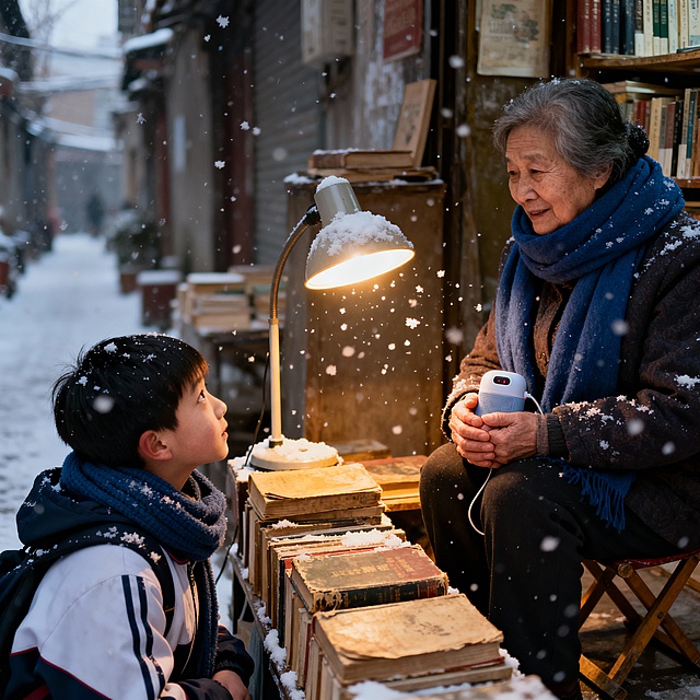 帮我以 “冬日里的一次意外相遇” 为主题创作短篇故事 PPT 的文案，要求情节完整、情感真挚且具有画面感，PPT 文案需分页面呈现，包含标题页、情节发展页、结尾页，整体字数适中。
成品文案
标题页
标题：雪落时的暖光
副标题：冬日里的一次意外相遇
配图提示：飘着细雪的老巷，昏黄路灯晕开暖光
第 1 页：巷口的困境
晚课后的老巷浸在雪雾里，我攥着冻僵的手机 —— 电量彻底清零，自行车还爆了胎。寒风裹着雪粒往领口钻，我蹲在车旁，指尖连解围巾的力气都快没了。
第 2 页：旧书摊的光斑
“要帮忙吗？”
抬眼时，巷口旧书摊的马扎上，坐着裹藏青色围巾的奶奶，手里攥着暖手宝，摊前的台灯把雪粒照得像碎钻。她指了指摊后的热水壶：“先暖暖，我孙子以前总在这修自行车，工具还留着。”
第 3 页：雪地里的修补
奶奶蹲在车旁，老花镜滑到鼻尖，皲裂的手攥着扳手拧螺丝。我捧着热姜茶，看见她围巾角沾了雪，发梢也落了白 —— 原来她的书摊早该收了，却在等晚归的学生避雪。
第 4 页：相遇的余温
车修好时，雪停了。奶奶塞给我一本裹着牛皮纸的旧诗集：“这巷子里的雪，每年都等有人陪它落完。”
后来每个雪天，我都会绕到老巷，要么带杯热奶茶，要么只是蹲在书摊旁，看奶奶把台灯拧得更亮些。