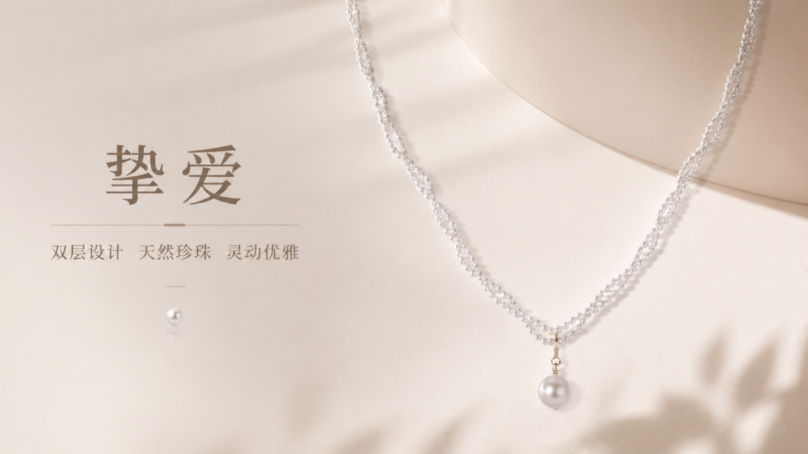 参考第一张图片的简约高级海报风格，保留第二张图片的双层珍珠项链单颗吊坠产品内容，生成质感高级的珍珠项链电商海报，浅米色柔暖背景，干净简约光影，添加标题文字“挚爱”，卖点文字“双层设计 天然珍珠 灵动优预览效果