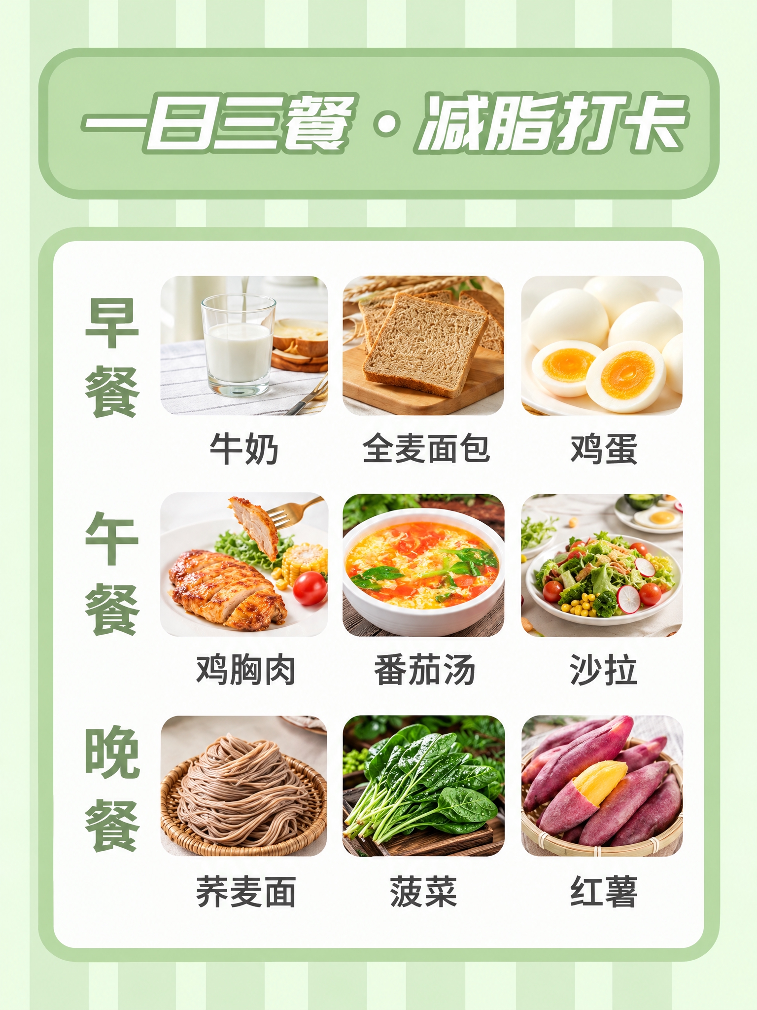 参考减脂餐封面模板的版式和清新绿色风格，制作一张一日三餐减脂打… - 图片创意预览