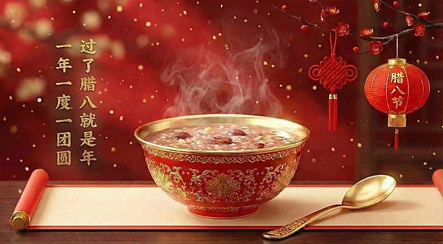 国潮风融合重拟物与鎏金浮雕，红金主色营造喜庆奢华氛围，腊八粥热气氤氲，搭配中国结与灯笼，尽显中式复古年味。
